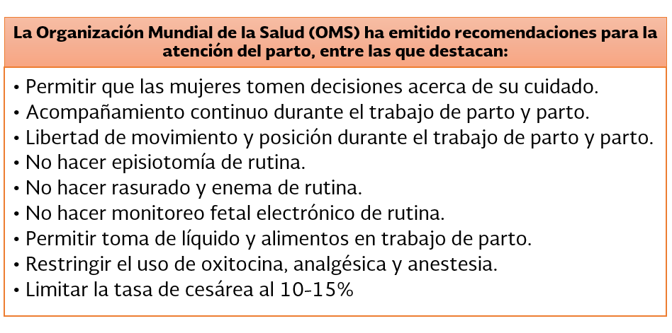 La Organización Mundial de la Salud (OMS) ha emitido recomendaciones para la atención del parto, entre las que destacan: *Permitir que las mujeres tomen decisiones acerca de su cuidado. *Acompañamiento continuo durante el trabajo de parto y parto. *Libertad de movimiento y posición durante el trabajo de parto y parto. *No hacer episiotomía de rutina. *No hacer rasurado y enema de rutina. *No hacer monitoreo fetal electrónico de rutina. *Permitir toma de líquido y alimentos en trabajo de parto. *Restringir el uso de oxitocina, analgésica y anestesia. *Limitar la tasa de cesárea al 10-15%